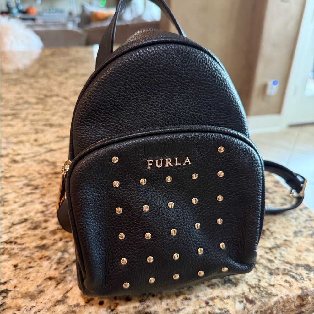 Furla Black Leather Mini Backpack with Gold Studs